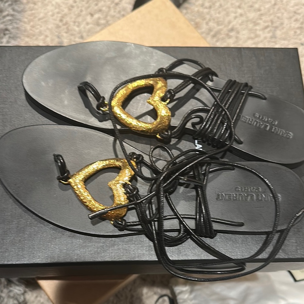 YSL NEW Black Sandals with Gold Heart Detail size 42